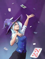 Size: 1200x1552 | Tagged: safe, artist:28gooddays, trixie, human, g4, card trick, clothes, grin, hat, humanized, playing card, smiling, solo, trixie's hat