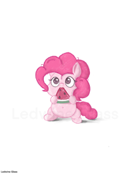 Size: 1536x2048 | Tagged: safe, artist:ledwine glass, pinkie pie, earth pony, pony, g4, belly button, chibi, chubby, cute, diapinkes, eating, female, food, herbivore, mare, simple background, solo, watermark, watermelon