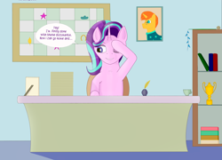 Size: 2500x1800 | Tagged: safe, artist:drakang, starlight glimmer, sunburst, alicorn, pony, unicorn, g4, comic, female, misspelling, solo, working