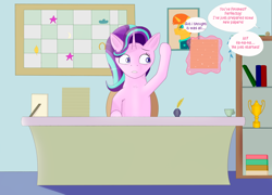 Size: 2500x1800 | Tagged: safe, artist:drakang, starlight glimmer, sunburst, alicorn, pony, unicorn, g4, comic, female, grammar error, solo, working