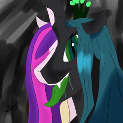 Size: 894x894 | Tagged: safe, artist:bioman1998, artist:karmazoid, princess cadance, queen chrysalis, alicorn, changeling, changeling queen, pony, g4, bride, bust, crown, dark background, disguise, disguised changeling, drool, duality, duo, duo female, edgy, excited, fake cadance, fangs, female, horn, jewelry, long tongue, looking at you, maw, mawshot, one ear down, open mouth, regalia, salivating, simple background, smiling, smiling at you, teeth, tongue out, two sides