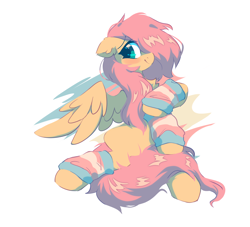 Size: 2200x2000 | Tagged: safe, artist:mirtash, fluttershy, pegasus, pony, g4, alternate hairstyle, arm warmers, blushing, chest fluff, clothes, fluffy, high res, messy mane, pride, pride flag, pride month, pride socks, simple background, sitting, socks, solo, trans fluttershy, transgender, transgender pride flag