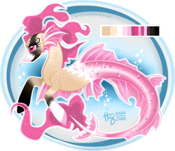 Size: 900x774 | Tagged: safe, artist:uncloudedbyh8, oc, oc only, merpony, adoptable, bubble, colored pupils, dorsal fin, eyelashes, fish tail, flowing mane, flowing tail, pink eyes, signature, simple background, smiling, solo, swimming, tail, transparent background, underwater, water