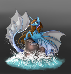 Size: 2195x2263 | Tagged: safe, artist:alissa1010, oc, oc only, alicorn, hybrid, merpony, pony, seapony (g4), blue eyes, brown mane, female, fin wings, fish tail, flowing tail, high res, horn, rock, seaponified, smiling, solo, species swap, tail, unshorn fetlocks, water, wings