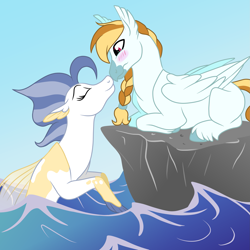 Size: 2449x2449 | Tagged: safe, artist:spirit--productions, oc, oc only, classical hippogriff, hippogriff, seapony (g4), beak, blushing, deviantart watermark, eyelashes, eyes closed, fin wings, fins, high res, looking at each other, obtrusive watermark, ocean, red eyes, sky, smiling, unshorn fetlocks, water, watermark, wings
