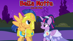 Size: 2064x1162 | Tagged: safe, anonymous artist, flash sentry, twilight sparkle, alicorn, pony, g4, the last problem, armor, bella notte, canterlot, clothes, coronation dress, dress, female, garden, looking at each other, lyrics in the description, male, movie reference, night, royal guard armor, second coronation dress, ship:flashlight, shipping, smiling, smiling at each other, song reference, stars, story included, straight, twilight sparkle (alicorn), youtube link in the description