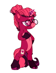 Size: 1843x2402 | Tagged: source needed, safe, alternate version, artist:cherritoppu, artist:idkhesoff, derpibooru exclusive, oc, oc only, oc:venus red heart, pony, unicorn, base used, bipedal, female, glasses, heart eyes, leg fluff, mare, markings, raised hoof, simple background, solo, unshorn fetlocks, white background, wingding eyes