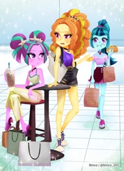 Size: 800x1100 | Tagged: safe, artist:binco_293, adagio dazzle, aria blaze, sonata dusk, equestria girls, g4, adoragio, adorasexy, alternate hairstyle, ariabetes, bag, bare legs, bare shoulders, beautisexy, clothes, coffee, coffee mug, collar, cute, dazzlebetes, drinking straw, eating, female, food, gem, hairband, hot pants, iced coffee, mall, messy eating, midriff, miniskirt, mug, nail polish, pants, pigtails, ponytail, purse, ripped pants, sandals, sexy, shoes, shopping bag, shoulderless, siblings, siren gem, sisters, sitting, skirt, sleeveless, sneakers, sonatabetes, sonataco, sparkles, sweat, sweatdrop, table, taco, tank top, that girl sure loves tacos, that siren sure does love tacos, the dazzlings, toenail polish, torn clothes, trio, trio female