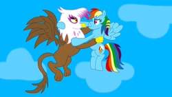 Size: 3264x1836 | Tagged: safe, artist:the double u, gilda, rainbow dash, griffon, pegasus, pony, g4, cloud, fanfic art, female, griffon x pony, holding each other, interspecies, lesbian, lgbtq, looking at each other, ship:gildash, shipping, sky