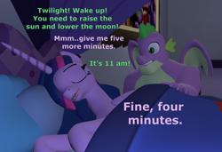 Size: 1580x1080 | Tagged: safe, artist:red4567, spike, twilight sparkle, alicorn, dragon, pony, g4, princess spike, the last problem, 3d, atg 2021, bed, dialogue, eyes closed, female, gigachad spike, lazy, male, mare, newbie artist training grounds, older, older spike, older twilight, older twilight sparkle (alicorn), open mouth, princess twilight 2.0, sleeping, source filmmaker, twilight sparkle (alicorn), winged spike, wings