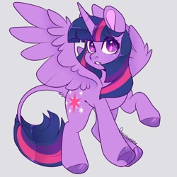 Size: 700x700 | Tagged: safe, artist:miishwoom, twilight sparkle, alicorn, pony, g4, colored hooves, cute, female, gray background, leonine tail, looking at you, mare, simple background, solo, spread wings, tail fluff, twiabetes, twilight sparkle (alicorn), underhoof, wings