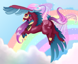 Size: 3500x2900 | Tagged: safe, artist:elena-naqua, oc, oc only, classical hippogriff, hippogriff, adoptable, claws, cloud, crown, eyelashes, feather, female, flying, high res, jewelry, purple eyes, purple mane, rainbow, regalia, sky, smiling, solo, spread wings, stars, wings