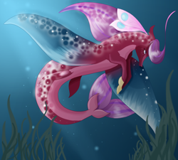 Size: 3000x2700 | Tagged: safe, artist:elena-naqua, oc, oc only, seapony (g4), adoptable, bubble, crepuscular rays, dorsal fin, feather, female, fin wings, fins, fish tail, flowing tail, high res, ocean, purple eyes, purple mane, seaweed, solo, sunlight, swimming, tail, underwater, water, wings
