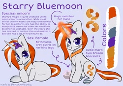 Size: 2048x1422 | Tagged: safe, artist:pineappleartz, oc, oc only, oc:starry bluemoon, pony, unicorn, cutie mark, female, flower, lying down, magic, reference sheet, sitting, smiling, solo, story included
