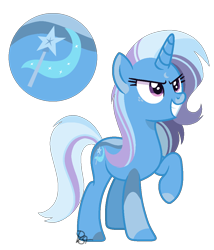 Size: 930x1088 | Tagged: safe, artist:pegasister64, trixie, pony, unicorn, g4, alternate universe, female, freckles, mare, raised hoof, redesign, signature, simple background, solo, transparent background