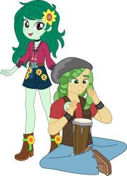 Size: 4357x6013 | Tagged: source needed, safe, artist:cloudy glow, artist:marcorulezzz, edit, sandalwood, wallflower blush, equestria girls, g4, let it rain, my little pony equestria girls: better together, absurd resolution, bongos, clothes, crossed legs, cute, drumming, drums, duo, female, flowerbetes, male, music festival outfit, musical instrument, open mouth, open smile, pants, sandalflower, shipping, shirt, shoes, shorts, simple background, sitting, smiling, straight, transparent background, updated, vector, vest