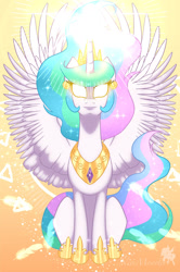 Size: 900x1353 | Tagged: safe, artist:nivimonster, princess celestia, alicorn, pony, g4, female, glowing, glowing eyes, glowing horn, horn, magic, magic aura, mare, signature, smiling, solo, spread wings, wings
