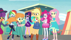 Size: 1920x1080 | Tagged: safe, screencap, applejack, fluttershy, megan williams, megan williams (g4), pinkie pie, rainbow dash, sci-twi, sunset shimmer, twilight sparkle, equestria girls, equestria girls specials, g1, g4, my little pony equestria girls: better together, my little pony equestria girls: rollercoaster of friendship, clothes, female, hand on hip, offscreen character, outdoors, rah rah skirt, skirt