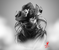 Size: 2312x1950 | Tagged: safe, artist:duragan, arizona (tfh), cow, them's fightin' herds, badass, community related, cowboy hat, ear piercing, earring, gradient background, grain, grayscale, hat, jewelry, monochrome, piercing, skull, solo, stetson