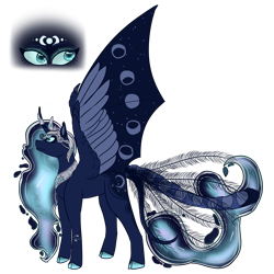 Size: 1500x1500 | Tagged: safe, artist:doctorbookwyrm, princess luna, alicorn, pony, g4, alternate design, bat wings, crown, ethereal mane, female, galaxy mane, horn, horn jewelry, hybrid wings, jewelry, leonine tail, mare, peacock feathers, regalia, simple background, solo, starry mane, tail feathers, transparent background, wing claws, wings