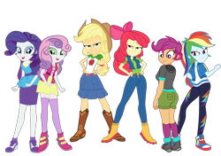 Size: 7360x5193 | Tagged: safe, artist:gmaplay, apple bloom, applejack, rainbow dash, rarity, scootaloo, sweetie belle, equestria girls, g4, absurd resolution, ass, butt, clothes, cutie mark crusaders, female, grin, group, hand on hip, older, older apple bloom, older cmc, older scootaloo, older sweetie belle, open mouth, open smile, rarity peplum dress, simple background, skirt, smiling, transparent background