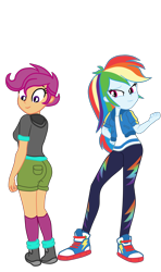 Size: 3081x5193 | Tagged: safe, artist:gmaplay, rainbow dash, scootaloo, equestria girls, g4, ass, butt, clothes, duo, duo female, female, high res, looking at butt, older, older scootaloo, scootabutt, simple background, smiling, transparent background