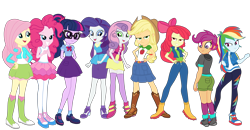 Size: 9993x5193 | Tagged: safe, artist:gmaplay, apple bloom, applejack, fluttershy, pinkie pie, rainbow dash, rarity, sci-twi, scootaloo, sweetie belle, twilight sparkle, equestria girls, g4, absurd resolution, ass, butt, clothes, female, grin, hand on hip, humane five, humane six, open mouth, open smile, rah rah skirt, scootabutt, simple background, skirt, smiling, transparent background