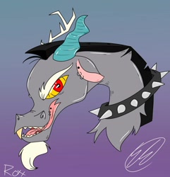 Size: 1080x1120 | Tagged: safe, artist:roxx, discord, draconequus, g4, antlers, collar, crazy eyes, ear piercing, goth, looking at you, male, piercing, punk, sharp teeth, signature, simple background, solo, spiked collar, spikes, teeth, tongue out, tongue piercing