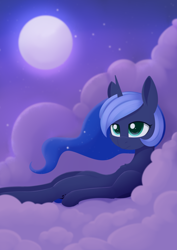 Size: 988x1394 | Tagged: safe, artist:dusthiel, princess luna, alicorn, pony, atg 2021, clothes, cloud, female, lying down, lying on a cloud, mare, newbie artist training grounds, on a cloud, procrastination, solo