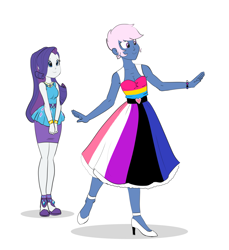 Size: 4581x5000 | Tagged: safe, artist:carnifex, rarity, oc, oc:azure/sapphire, equestria girls, g4, absurd resolution, crossdressing, duo, female, femboy, genderfluid pride flag, male, pansexual pride flag, pride, pride dress, pride flag, pride month, rarity peplum dress, simple background, smiling, white background