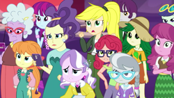 Size: 1920x1080 | Tagged: safe, screencap, alizarin bubblegum, ash ball, blueberry cake, cheerilee, chelsea porcelain, diamond tiara, indigo wreath, megan williams, megan williams (g4), mystery mint, purple frizz, silver spoon, sweet leaf, human, equestria girls, equestria girls specials, g1, g4, my little pony equestria girls: better together, my little pony equestria girls: rollercoaster of friendship, background human, female, g1 to equestria girls, generation leap, male, silver spoon is not amused