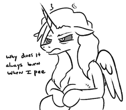 Size: 488x427 | Tagged: safe, artist:jargon scott, oc, oc:dyx, alicorn, pony, annoyed, dialogue, floppy ears, implied urine, lineart, monochrome, older, older dyx, simple background, sitting, sitting on toilet, solo, toilet