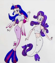 Size: 540x621 | Tagged: safe, artist:lunaart, rarity, twilight sparkle, mermaid, equestria girls, g4, alternative cutie mark placement, duo, duo female, female, fin wings, grin, horn, horned humanization, human coloration, mermaid tail, mermaidized, mermaids, mermarity, open mouth, open smile, shoulder cutie mark, simple background, smiling, species swap, twilight sparkle (alicorn), white background, winged humanization, wings