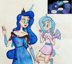 Size: 540x482 | Tagged: safe, artist:lunaart, princess luna, alicorn, human, pony, g4, alternative cutie mark placement, clothes, dress, duo, duo female, female, filly, glowing horn, horn, horned humanization, humanized, looking at each other, magic, magic aura, mare, self paradox, shoulder cutie mark, smiling, winged humanization, wings, woona, younger