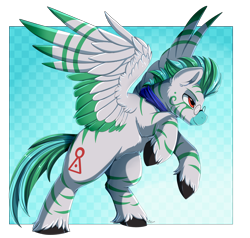 Size: 3000x2850 | Tagged: safe, artist:pridark, oc, oc only, oc:kilani, pegasus, pony, zebra, bipedal, cloven hooves, colored wings, commission, cutie mark, glasses, high res, lidded eyes, male, multicolored wings, pegasus oc, raised hoof, smiling, solo, wings, zebra oc