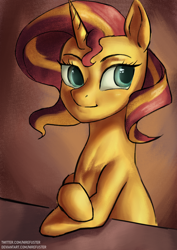 Size: 2480x3508 | Tagged: safe, artist:nire, sunset shimmer, pony, unicorn, g4, blushing, crossed hooves, high res, looking away, smiling, solo