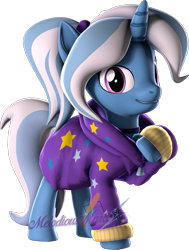 Size: 1458x1933 | Tagged: safe, artist:melodismol, trixie, pony, unicorn, g4, 3d, alternate hairstyle, babysitter trixie, clothes, collar, hoodie, looking at you, ponytail, simple background, solo, source filmmaker, transparent background