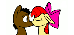 Size: 1520x720 | Tagged: safe, apple bloom, oc, oc:ladainian otis, g4, bow, canon x oc, colt, female, filly, hair bow, kiss on the lips, kissing, ladainianbloom, male, shipping, straight, wild eyes