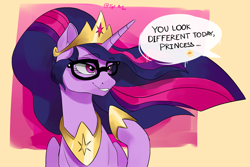 Size: 2714x1810 | Tagged: safe, artist:egil, sci-twi, twilight sparkle, alicorn, pony, g4, the last problem, crown, cute, eyebrows, eyebrows visible through hair, eyelashes, female, glasses, grin, high res, hoof shoes, implied luster dawn, jewelry, mare, meganekko, offscreen character, offscreen female, older, older twilight, older twilight sparkle (alicorn), peytral, princess twilight 2.0, regalia, smiling, solo, speech bubble, twiabetes, twilight sparkle (alicorn)