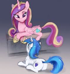 Size: 2301x2436 | Tagged: safe, artist:fantdragon, artist:xbi, colorist:xbi, princess cadance, shining armor, alicorn, pony, unicorn, g4, digital art, digitally colored, female, gradient background, high res, looking at each other, male, mare, mixed media, ship:shiningcadance, shipping, smiling, stallion, straight, traditional art