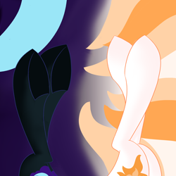 Size: 2500x2500 | Tagged: safe, artist:cycrus, daybreaker, nightmare moon, alicorn, pony, g4, abstract background, duo, duo female, female, fetish, high res, hoof fetish, legs, legs in air, mare, pictures of legs