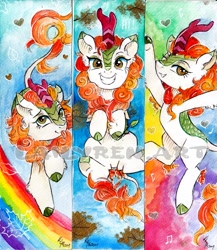 Size: 1931x2226 | Tagged: safe, artist:lailyren, autumn blaze, kirin, g4, awwtumn blaze, bookmark, cloven hooves, cute, female, leonine tail, looking at you, mare, rainbow, smiling, solo, tongue out, traditional art, watercolor painting, watermark