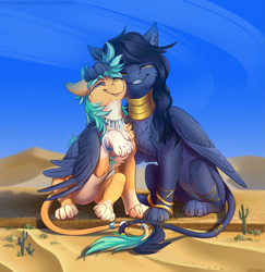 Size: 2913x3000 | Tagged: safe, artist:mithriss, oc, oc only, oc:midnight sands, oc:summer ray, sphinx, anklet, bracelet, chest fluff, cute, desert, duo, egyptian, eyes closed, featured image, female, grin, head pat, high res, hug, intertwined tails, jewelry, macro, male, necklace, ocbetes, sphinx oc, straight, sweet dreams fuel, winghug, wings