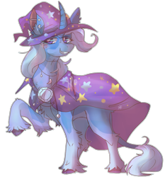 Size: 1191x1280 | Tagged: safe, artist:mothpolllen, trixie, classical unicorn, pony, unicorn, g4, cape, clothes, cloven hooves, grin, hat, horn, leonine tail, looking at you, pale belly, raised hoof, simple background, smiling, solo, transparent background, trixie's cape, trixie's hat, unshorn fetlocks