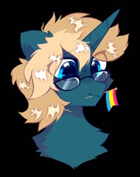 Size: 1104x1396 | Tagged: safe, artist:mirtash, oc, oc only, oc:wooded bastion, pony, unicorn, bust, glasses, pansexual pride flag, pride, pride flag, solo