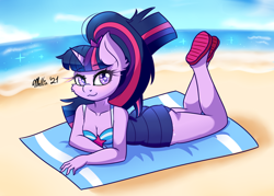 Size: 1400x1000 | Tagged: safe, artist:melliedraws, sci-twi, twilight sparkle, unicorn, anthro, plantigrade anthro, equestria girls, g4, ass, beach, breasts, butt, cleavage, clothes, equestria girls ponified, feet, female, heart nostrils, one-piece swimsuit, sandals, solo, swimsuit, the pose, twibutt, unicorn sci-twi