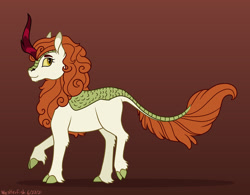 Size: 1280x998 | Tagged: safe, artist:quincydragon, autumn blaze, kirin, g4, cloven hooves, female, leonine tail, red background, simple background, solo, story included