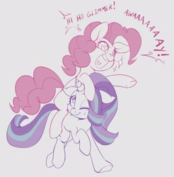 Size: 2019x2048 | Tagged: safe, artist:jessy, pinkie pie, starlight glimmer, earth pony, pony, unicorn, g4, cute, dialogue, floppy ears, high res, horse riding a horse, lone ranger, open mouth, ponies riding ponies, riding, smiling, starry eyes, sweat, sweatdrop, wingding eyes