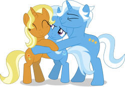 Size: 6618x4602 | Tagged: safe, artist:starcollider, jack pot, sunflower spectacle, trixie, pony, unicorn, g4, absurd resolution, atg 2021, eyes closed, family, female, hug, hug sandwich, leaning, male, mare, newbie artist training grounds, show accurate, simple background, smiling, stallion, transparent background, trio, trixie's family, vector