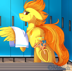 Size: 2647x2587 | Tagged: safe, artist:mediasmile666, spitfire, oc, pegasus, pony, unicorn, g4, butt, duo, female, floppy ears, high res, lockers, looking back, mare, micro, plot, rear view, small pony, spread wings, towel, underhoof, wings